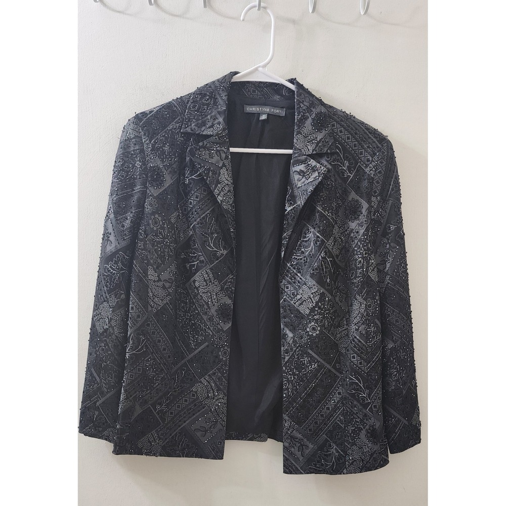 Christyne Forti Black Beaded Jacquard Patchwork Open Front Blazer Jacket Size 10